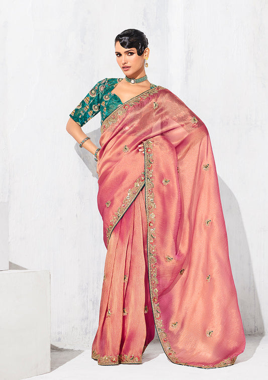 Monjolika Fashion Pink Fancy Fabric Embroidered Contemporary Saree