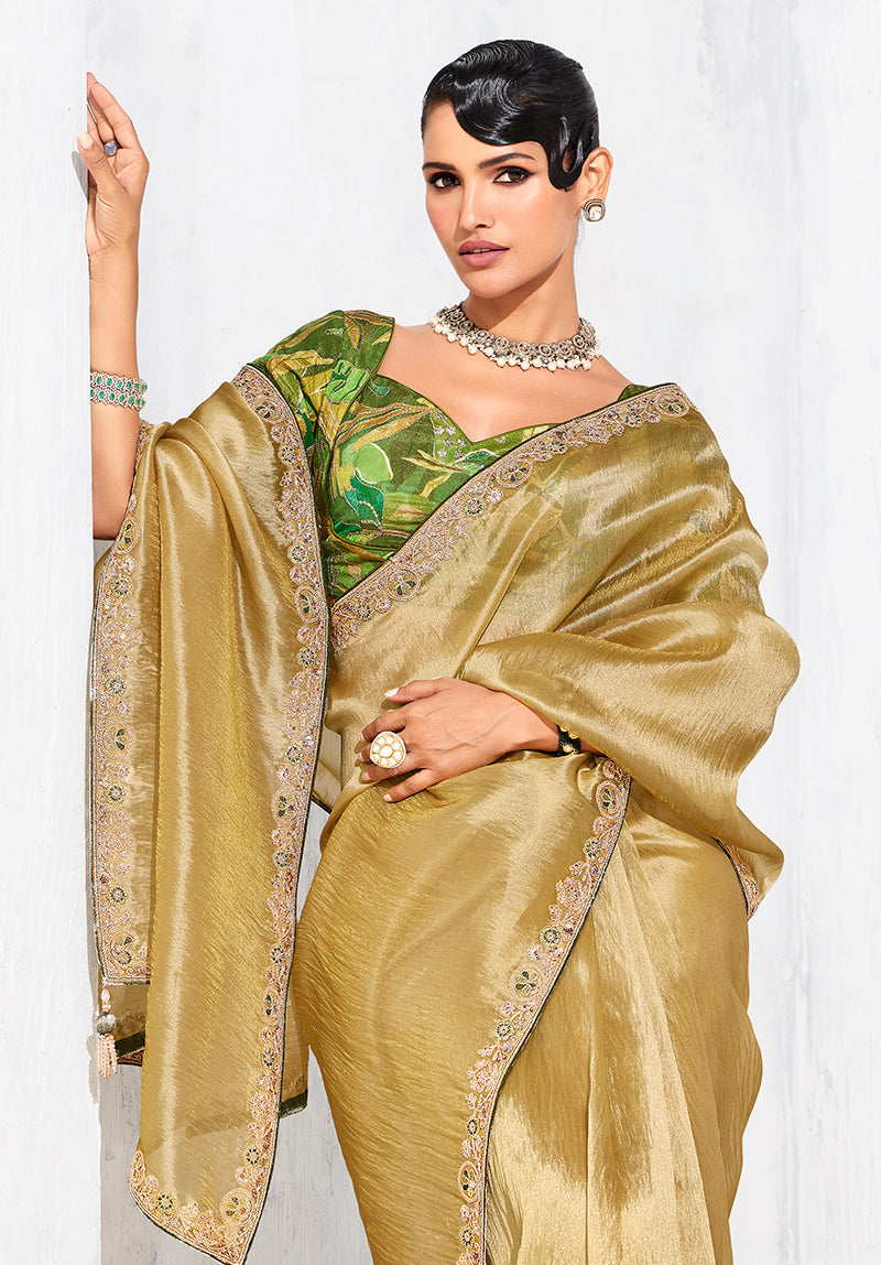 Monjolika Fashion Golden Fancy Fabric Embroidered Contemporary Saree