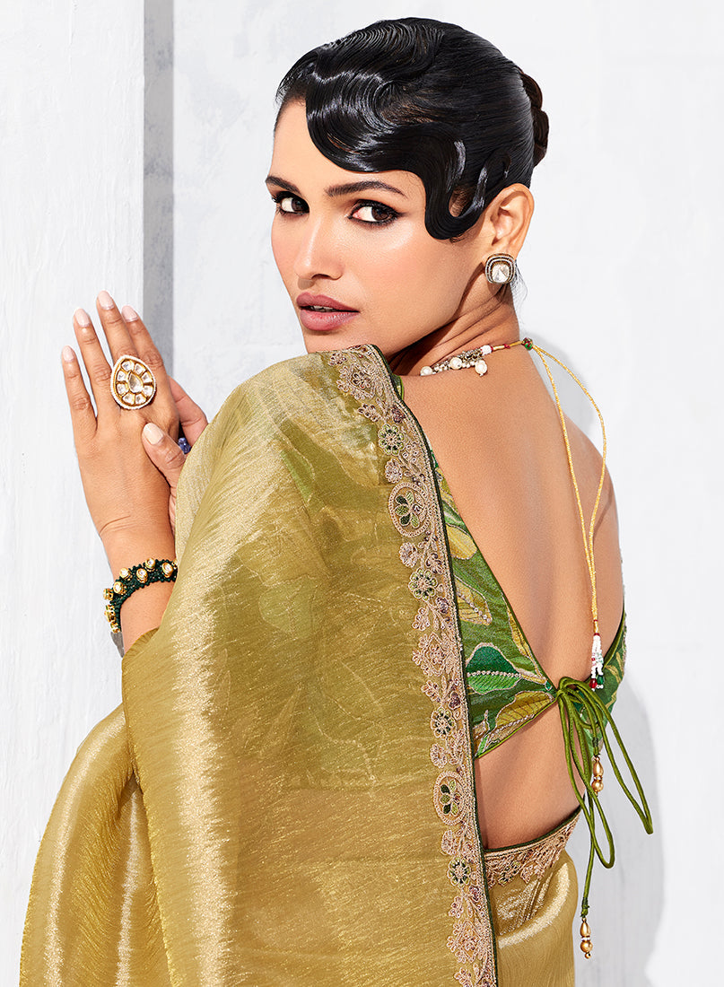 Monjolika Fashion Golden Fancy Fabric Embroidered Contemporary Saree