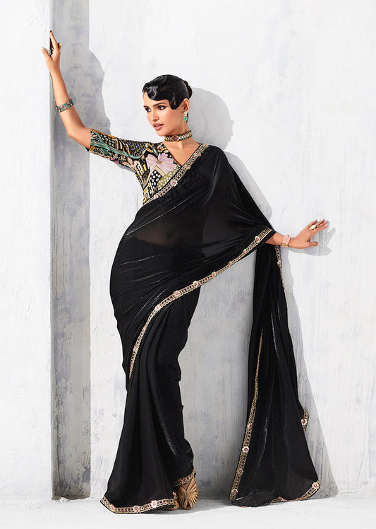 Monjolika Fashion Black Fancy Fabric Embroidered Contemporary Saree
