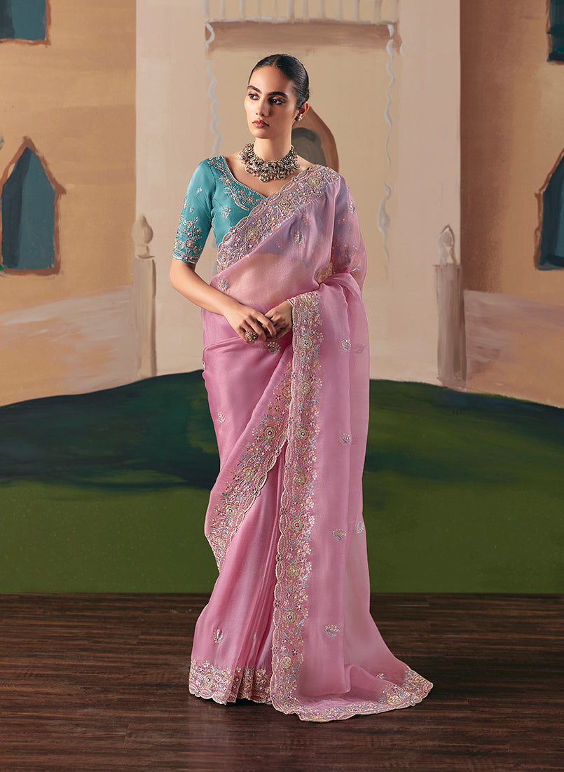 Monjolika Fashion Embroidered Pink Fancy Fabric Party Designer Saree