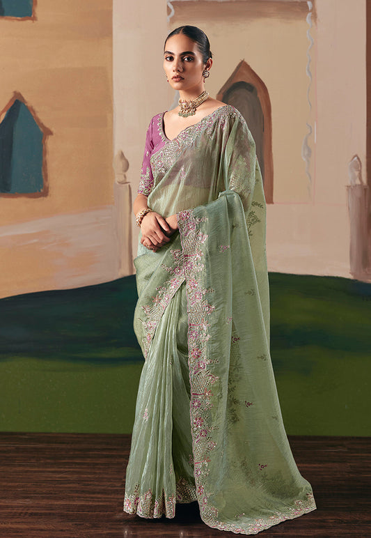 Monjolika Fashion Embroidered Pista Green Fancy Fabric Party Designer Saree