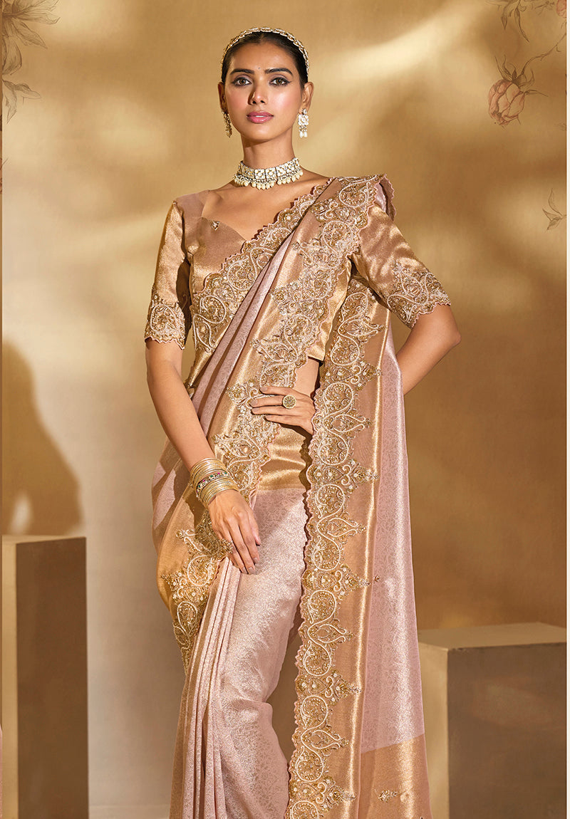 Monjolika Fashion Surpassing Light pink Embroidery Cut Dana Moti Work Ziraf Silk Saree With Heavy Work Blouse Piece