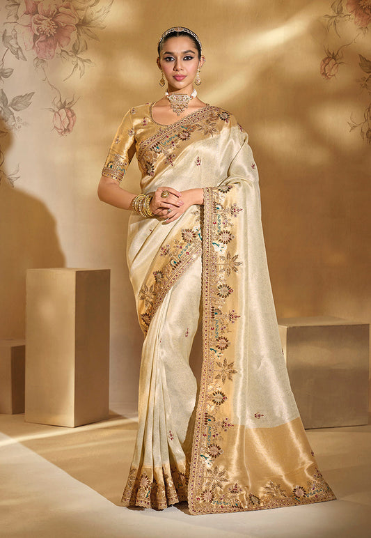 Monjolika Fashion Surpassing Cream Embroidery Cut Dana Moti Work Ziraf Silk Saree With Heavy Work Blouse Piece