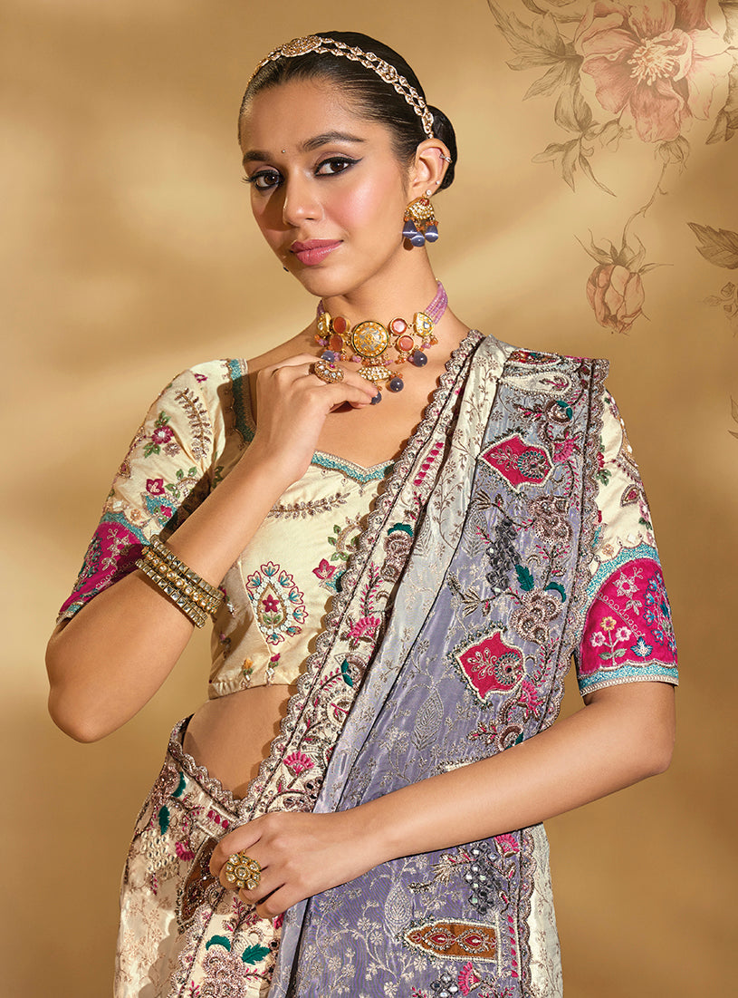 Monjolika Fashion Surpassing Multicolor Embroidery Cut Dana Moti Work Crepe Silk Saree With Heavy Work Blouse Piece