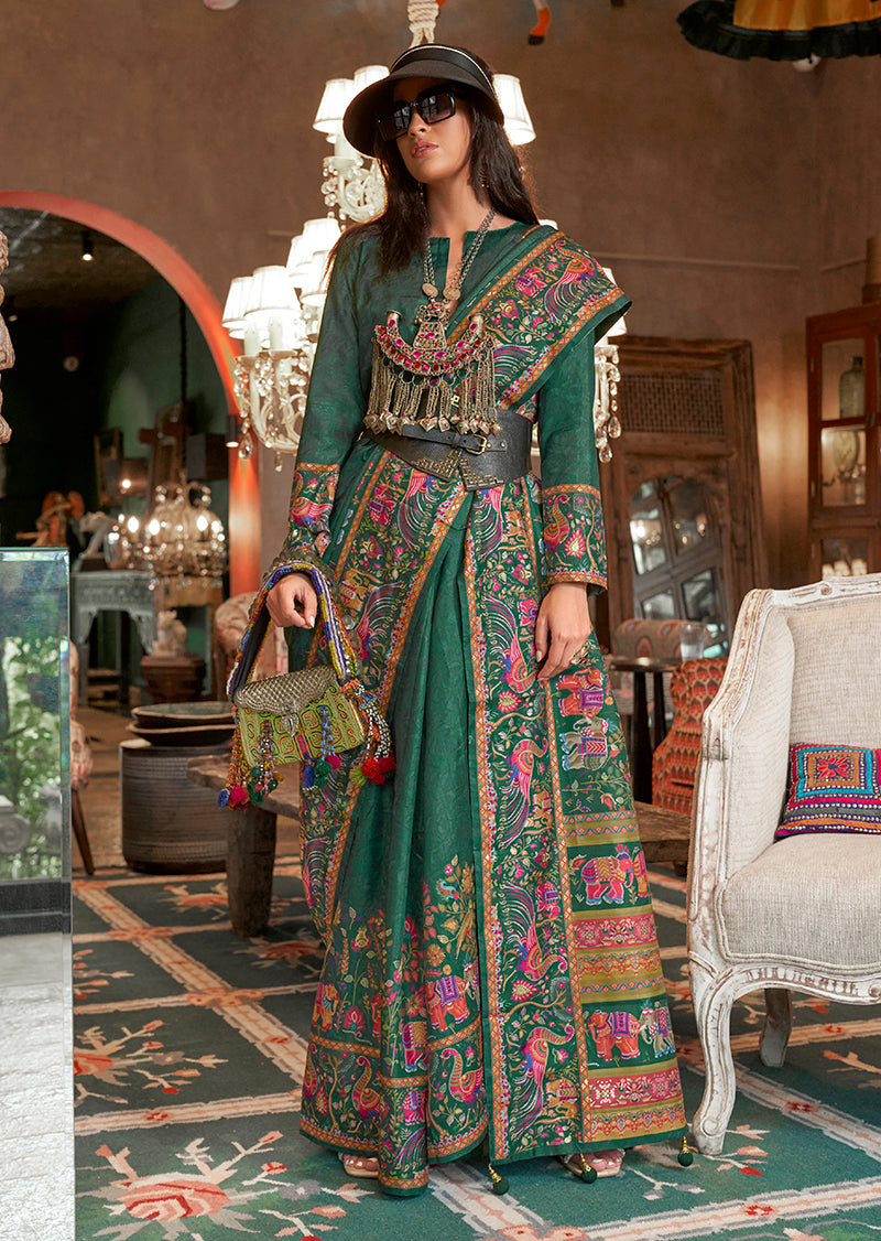 Monjolika Fashion Dark Green Silk Blend Printed Ceremonial Saree
