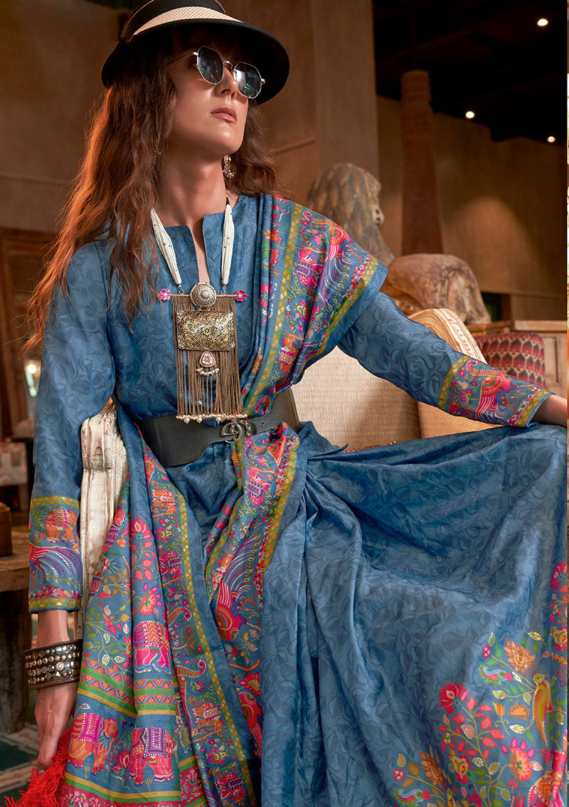 Monjolika Fashion Aqua Blue Silk Blend Printed Ceremonial Saree
