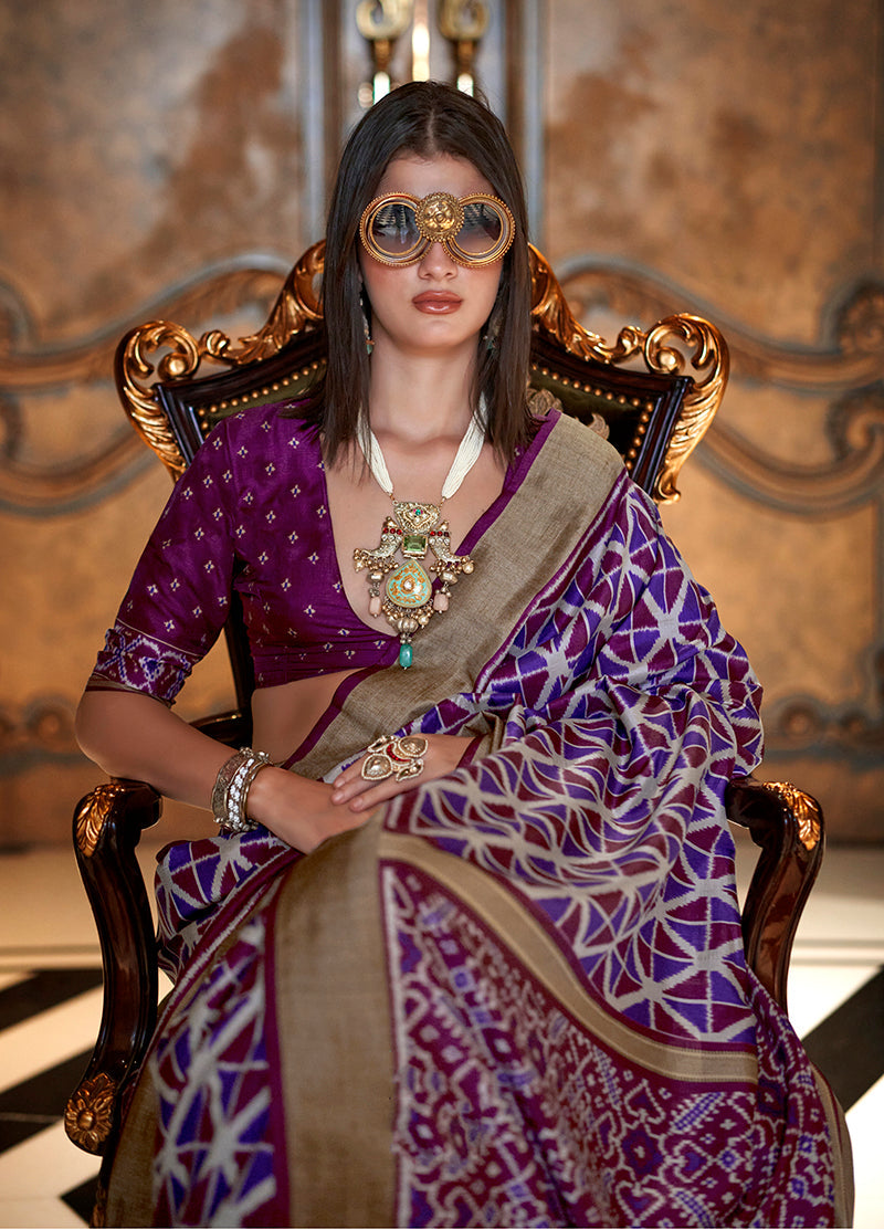 Monjolika Fashion Purple Double Ikkat Silk Blend Foil Printed Saree