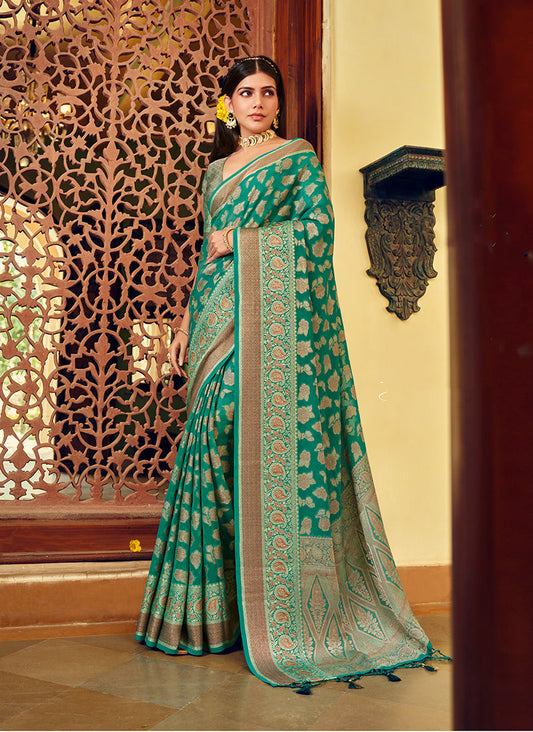 Monjolika Fashion Turquoise Georgette With Weaving Buta Border Pallu Classic Saree