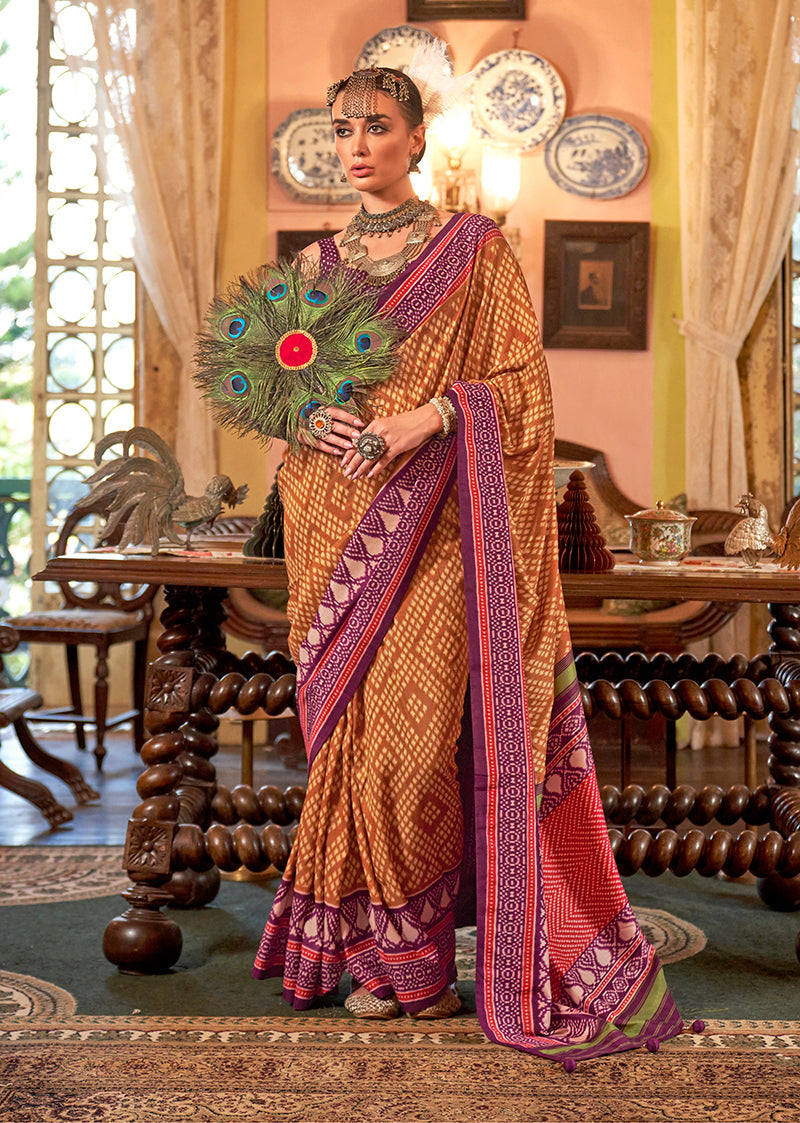 Monjolika Fashion Mustard Patola Design Zari Work Traditional Silk Blend Saree