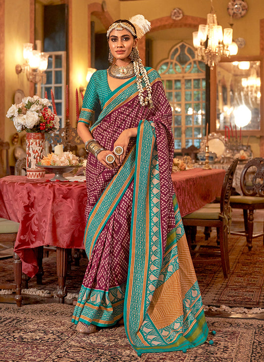 Monjolika Fashion Wine & Turquoise Patola Design Zari Work Traditional Silk Blend Saree