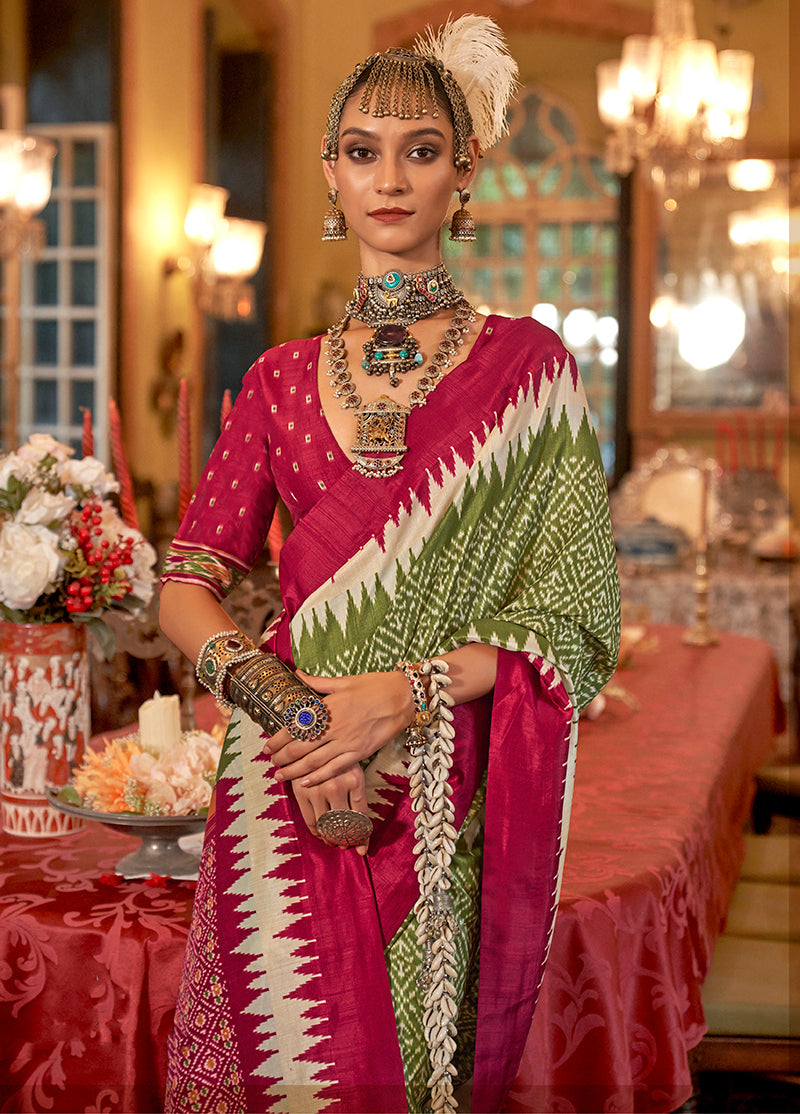 Monjolika Fashion Olive Green & Burgundy Patola Design Zari Work Traditional Silk Blend Saree