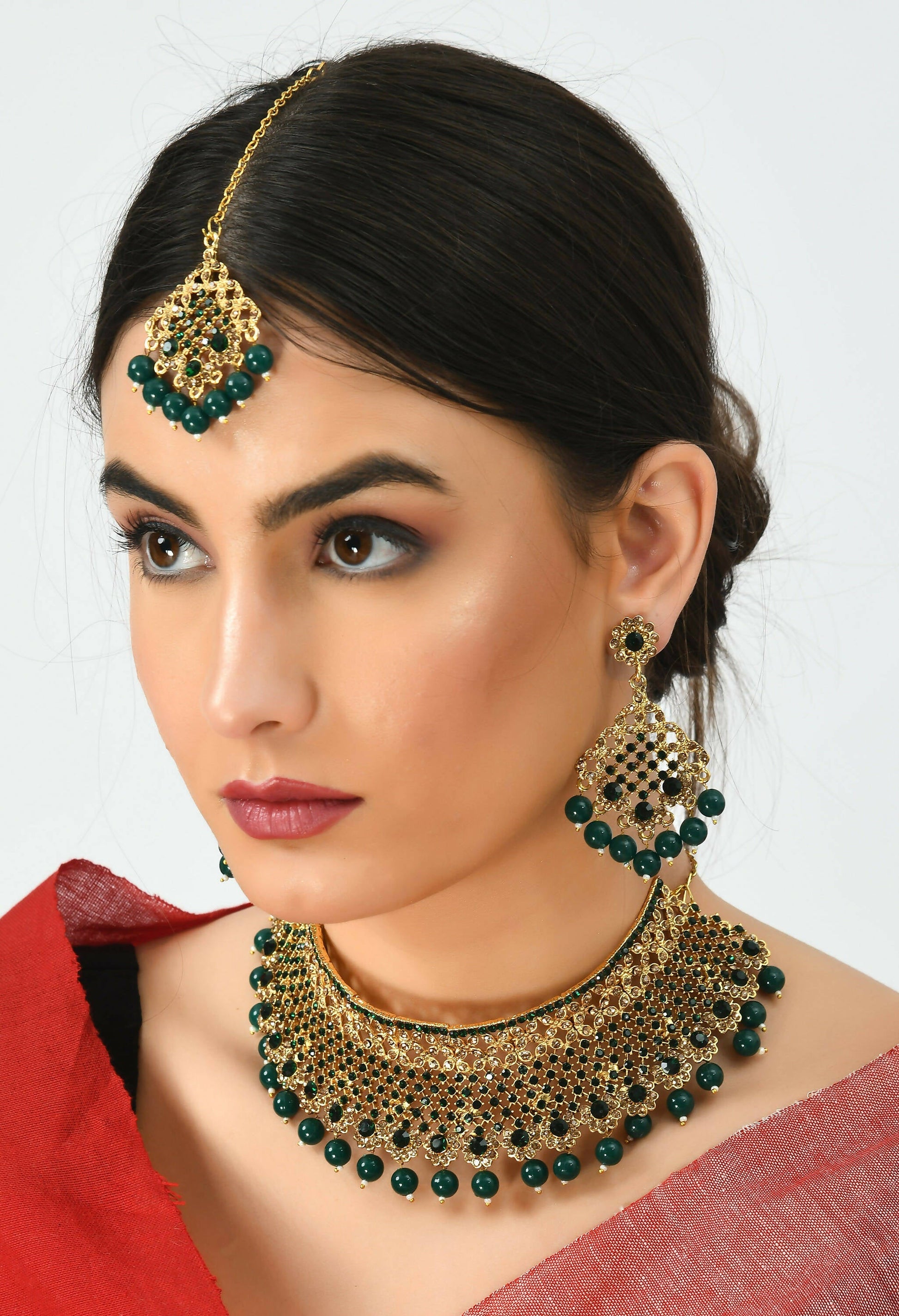 Mominos Fashion Johar Kamal Traditional Rajwadi Design Heavy Golden/Green Color Necklace Set - Grab2buy