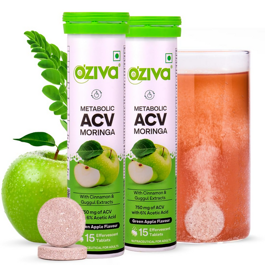 OZiva ACV Moringa For Weight Loss 3-in-1 Fat Oxidation Formula Tablets - Green Apple Flavor 