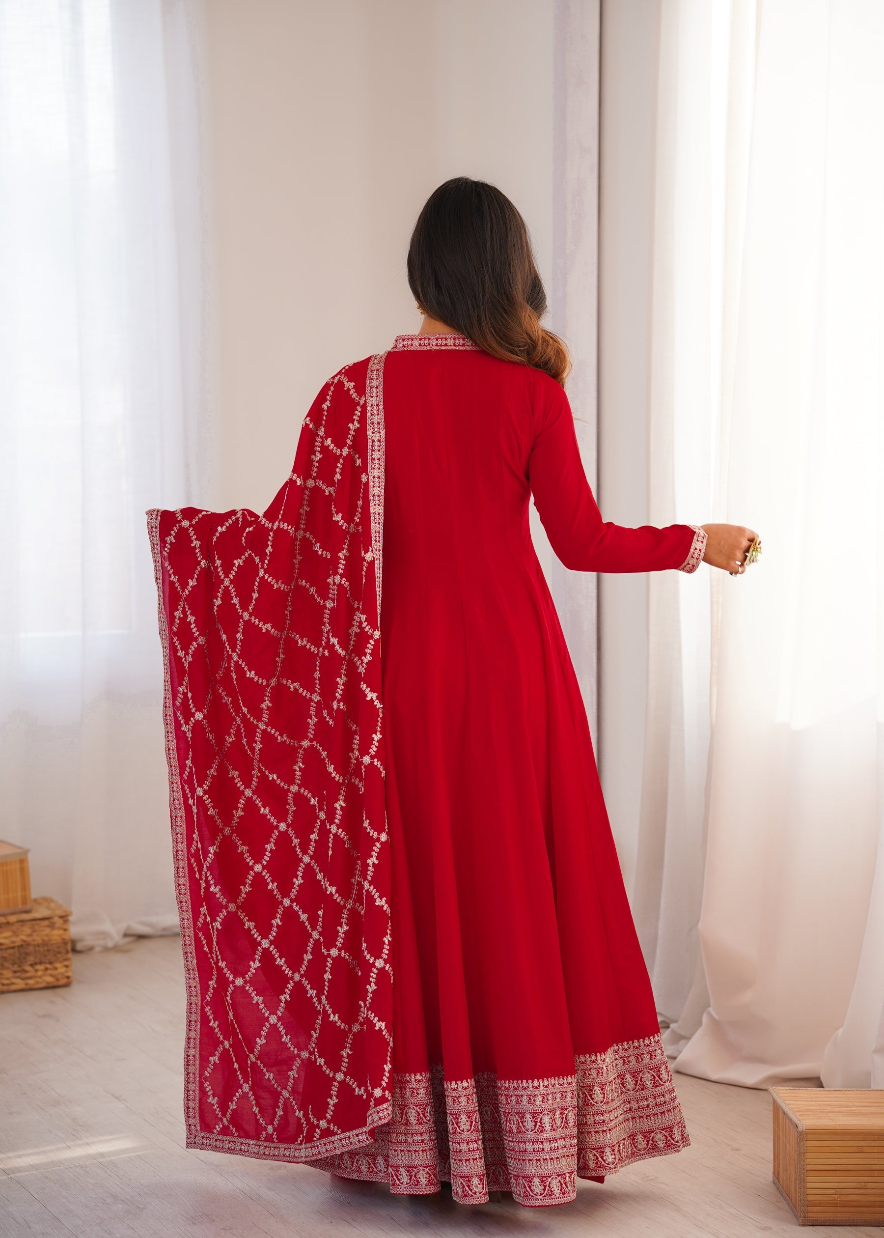 Lorenvalley Fashion Red Vichitra Silk with Full Kali Pattern Embroidery work Anarkali Gown with Dupatta