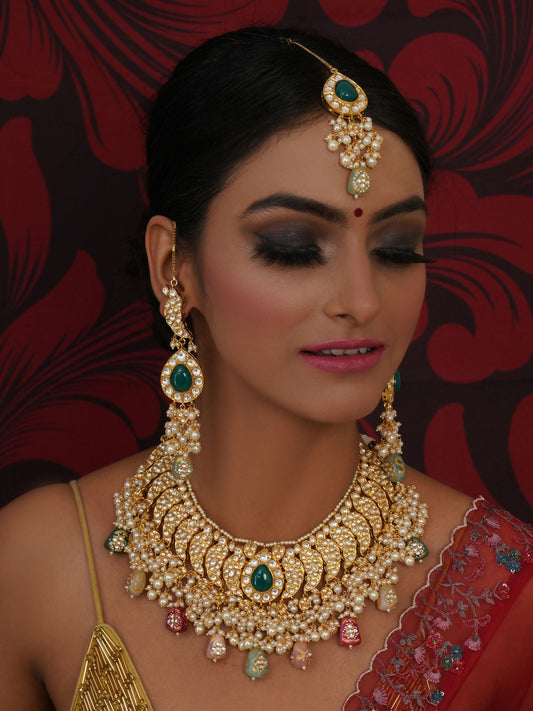 Kundan Choker with Matching Earrings & Maang Tikka Jewellery Set (Gold) - Ruby Raang - Grab2buy