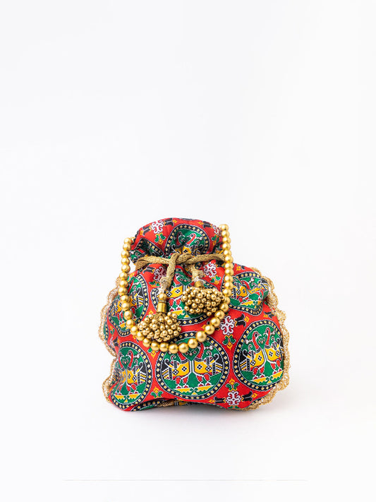 NR By Nidhi Rathi Red & Green Printed Potli Clutch - Grab2buy