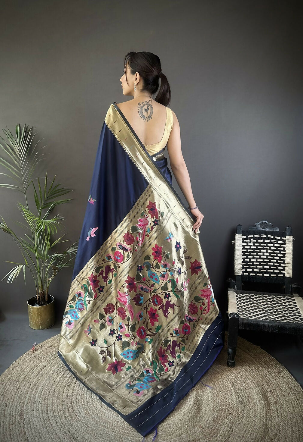 Joban Fashion Navy Blue Floral Paithani Sarees