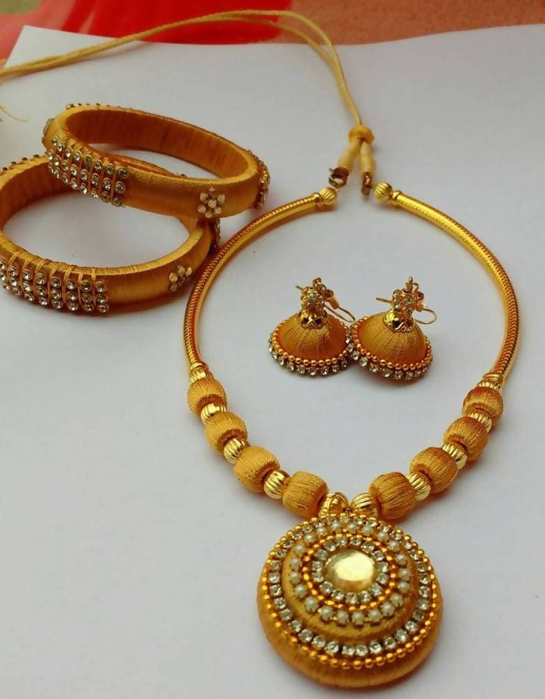 Silk Threaded Gold Color Beads with Necklace Set, Earrings And Bangles 