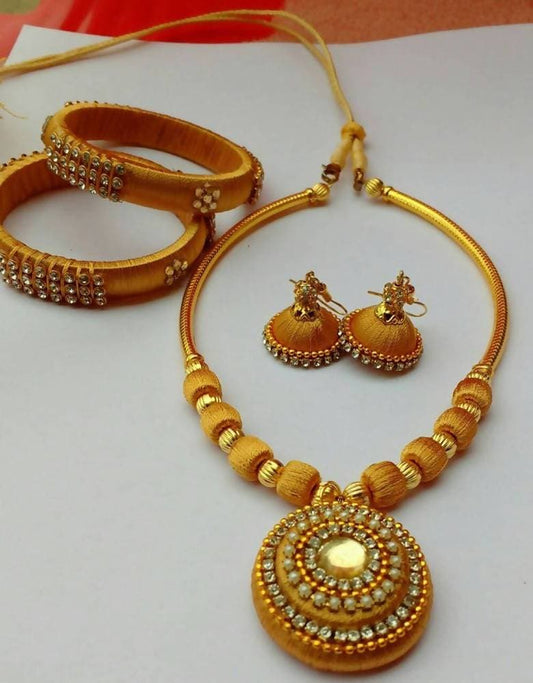 Silk Threaded Gold Color Beads with Necklace Set, Earrings And Bangles 