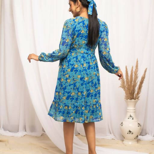 FIORRA Women's Navy Blue Georgette Floral Printed Western Dress 