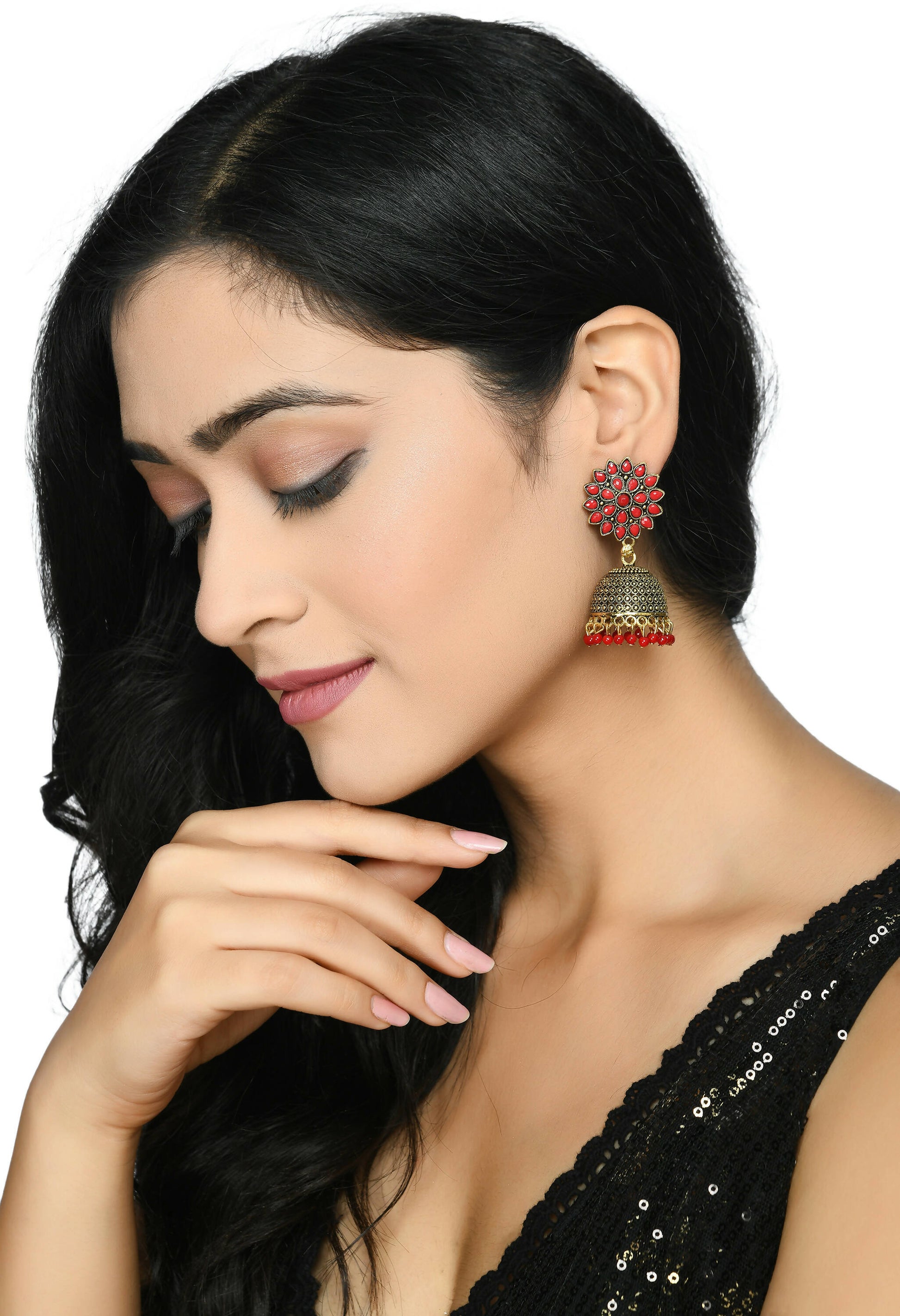 Mominos Fashion Joharkamal Kundan work Jhumka with Red Beads - Grab2buy