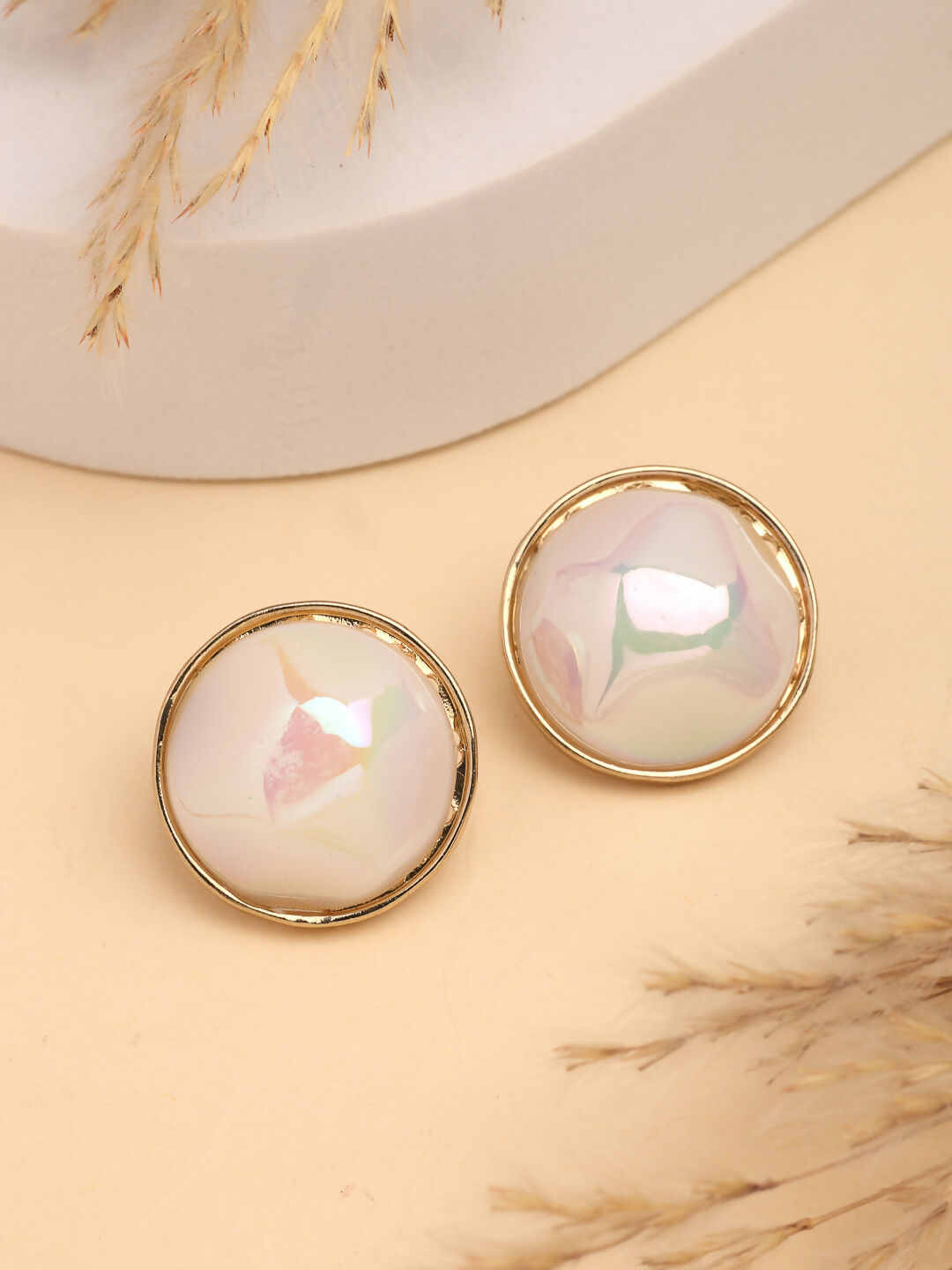 NVR Wome's Gold-Polished Pearl Studded Circular Studs Earring 