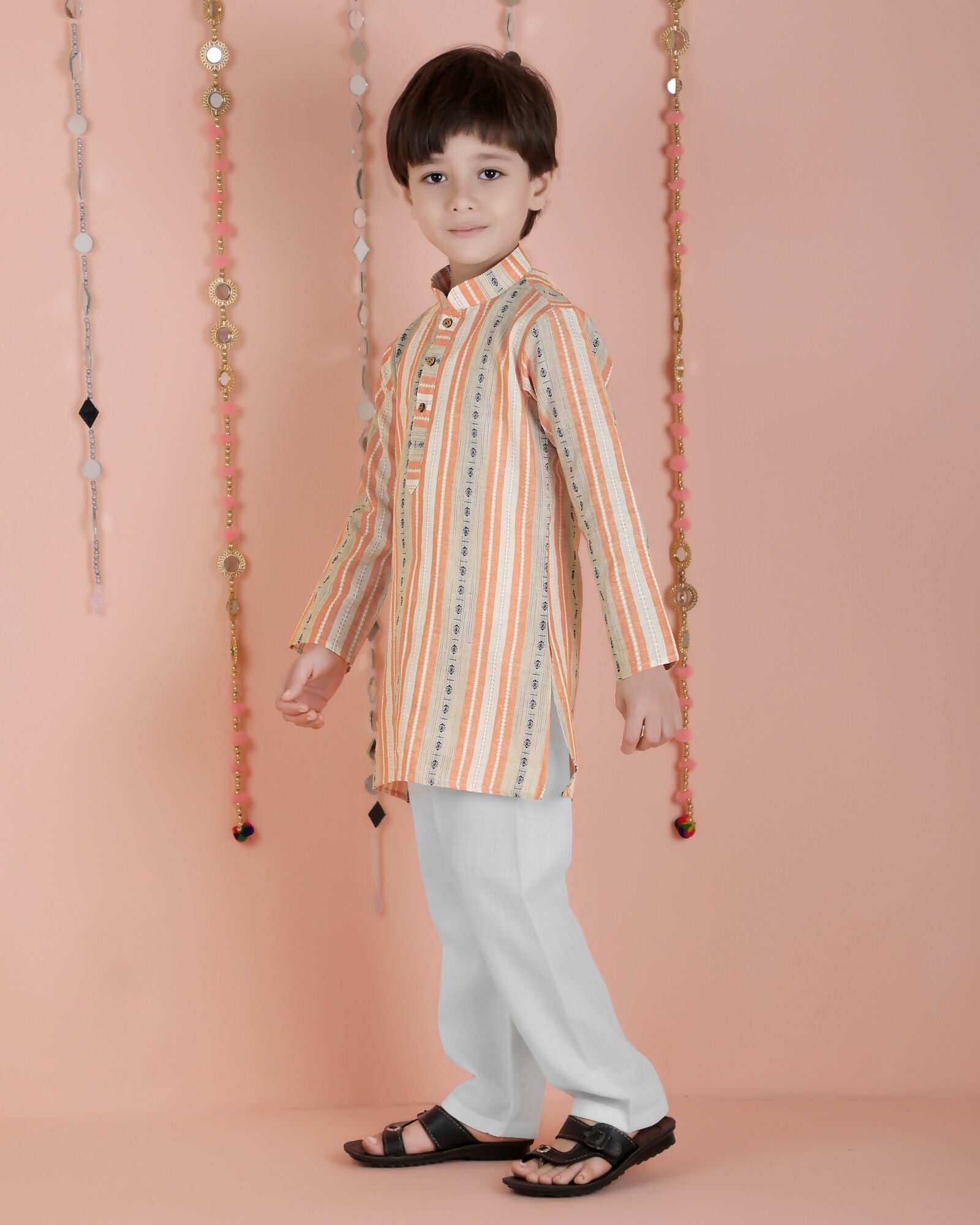 Joban Fashion Kids Island Cotton Full Sleeves Striped Kurta and Pyjama- Orange