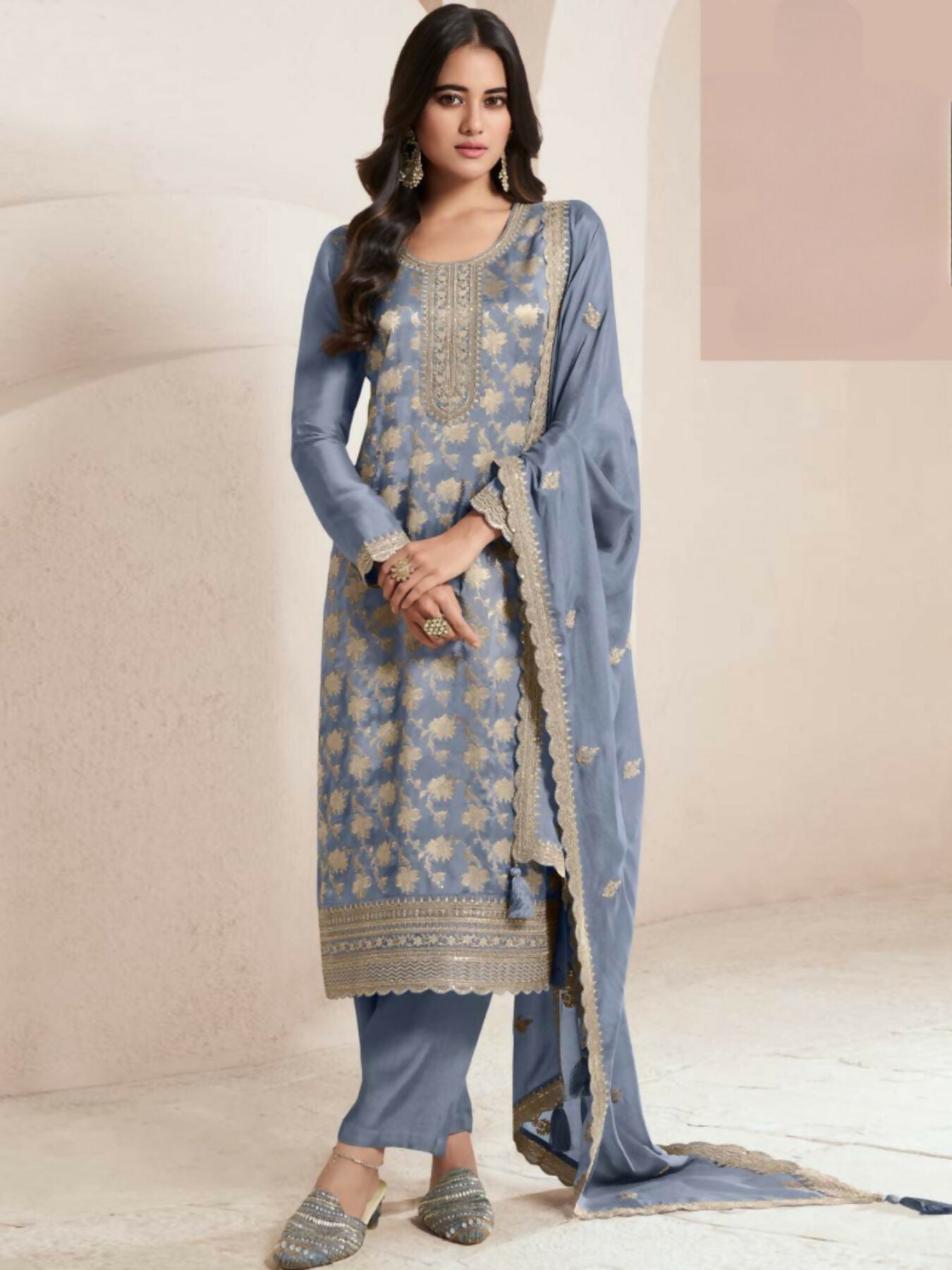 Anaita Blue Viscose Muslin Stitched Suit with Sequence & Zari Work