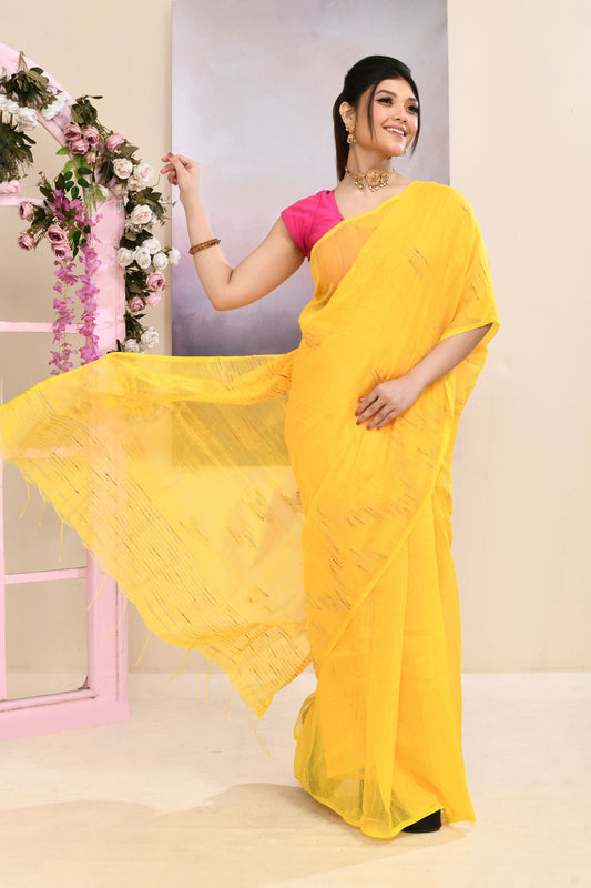 Piyari Fashion Women's Yellow Embellished Cotton Blend Jamdani Saree