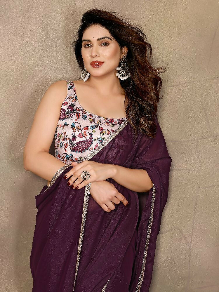 PR Fashion Wine Star Georgette Solid Georgette With Mirror Border Saree