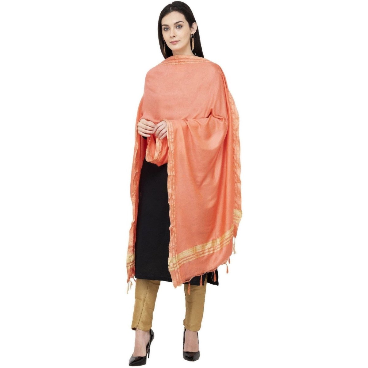 A R Silk Golden Border Regular Dupatta Color Peach Dupatta or Chunni 