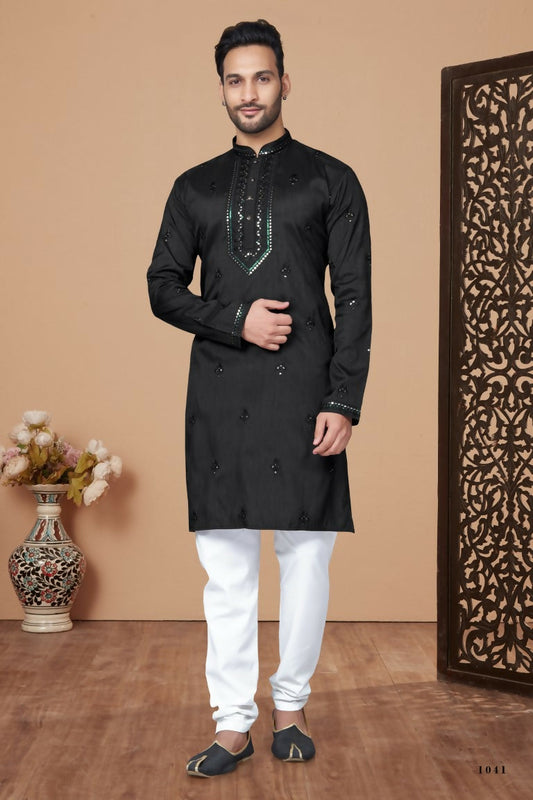Functional Designer Men's Black Heavy Super Silk Kurta With Pant - Rudra