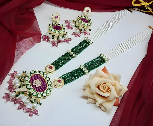 Jewel City Emerald Green Kundan Crystal Maharani Har Long Set - Luxurious Traditional Indian Jewelry | Grab2Buy