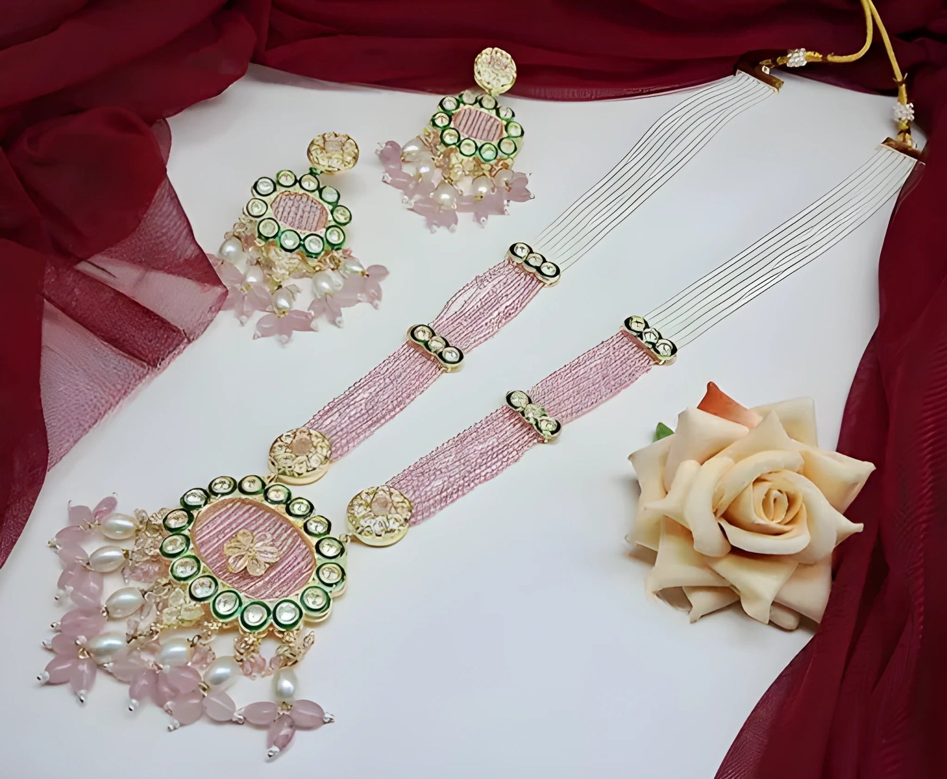 Jewel City Handcrafted Kundan Meenakari Polki Rose Quartz Statement Necklace Set - Ethnic Bridal Elegance | Grab2Buy