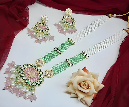 Jewel City Handcrafted Kundan Meenakari Polki Emerald & Rose Quartz Statement Necklace Set - Ethnic Bridal Elegance | Grab2Buy