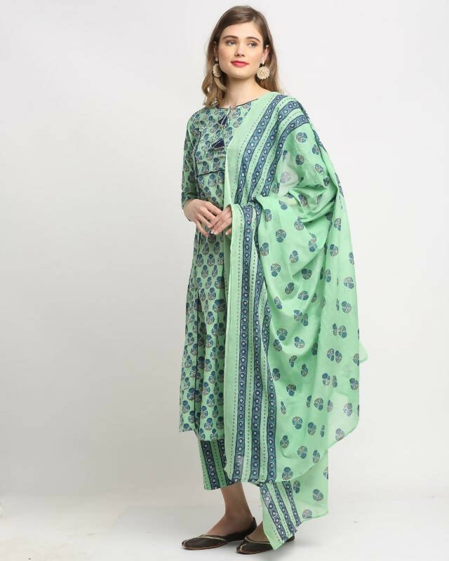 Aastha Fashion Women's Pista Green Cotton Jaipuri Printed Kurta with Trouser & Dupatta - Grab2buy