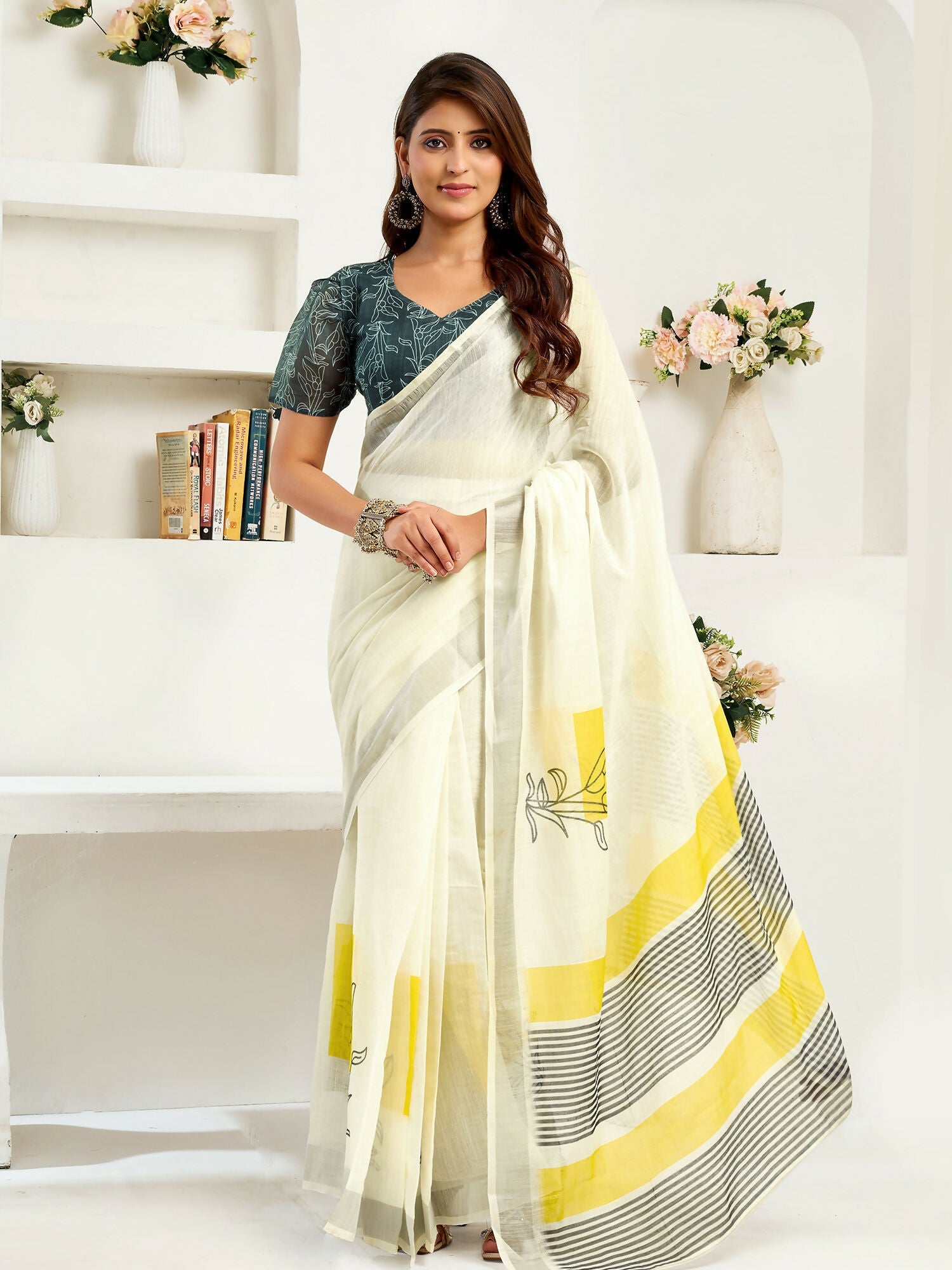 Joban Fashion Off-White Striped Linen Ready To Wear Saree With Unstitched Blouse