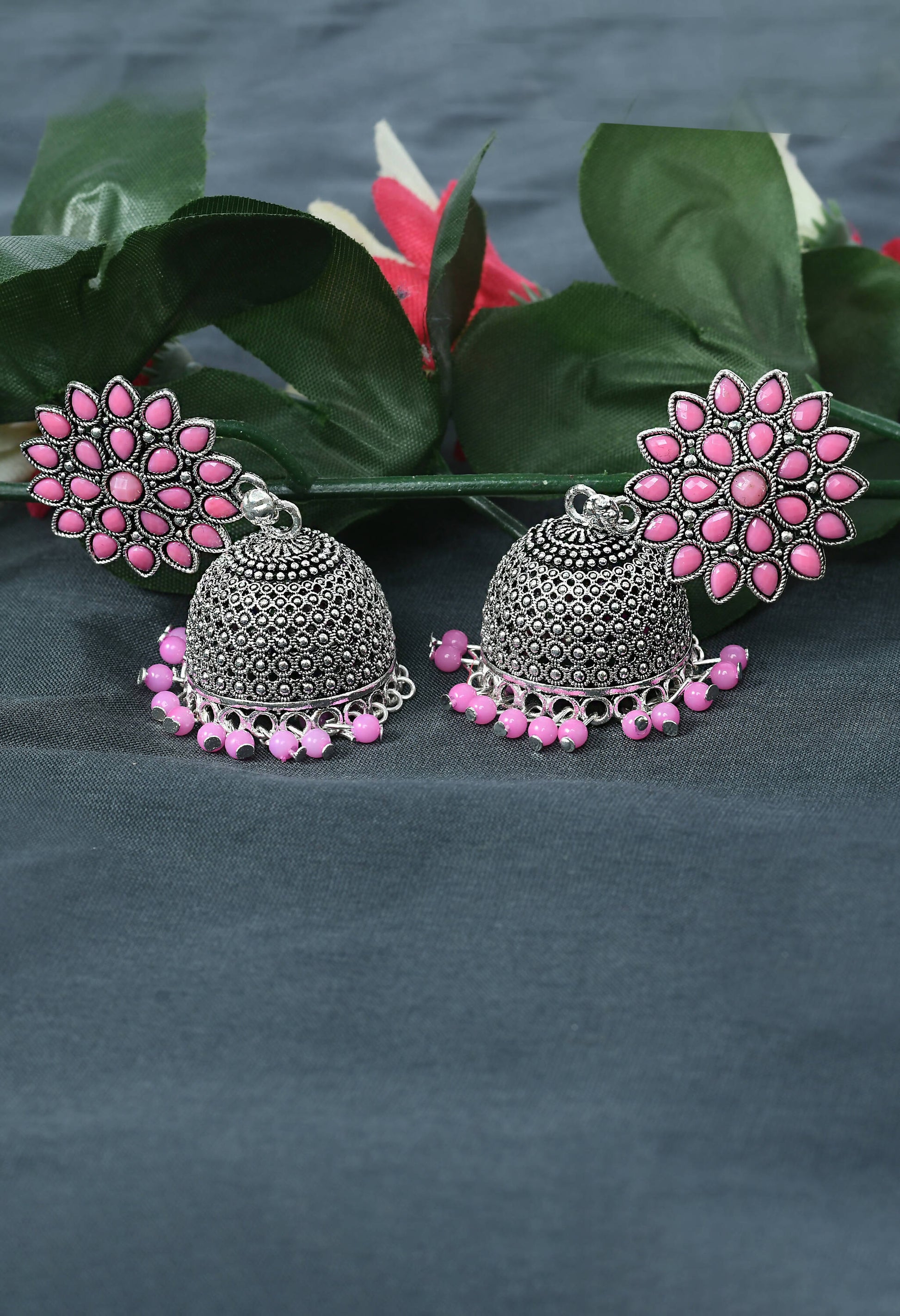 Mominos Fashion Joharkamal Kundan work Jhumka with Baby Pink Beads - Grab2buy