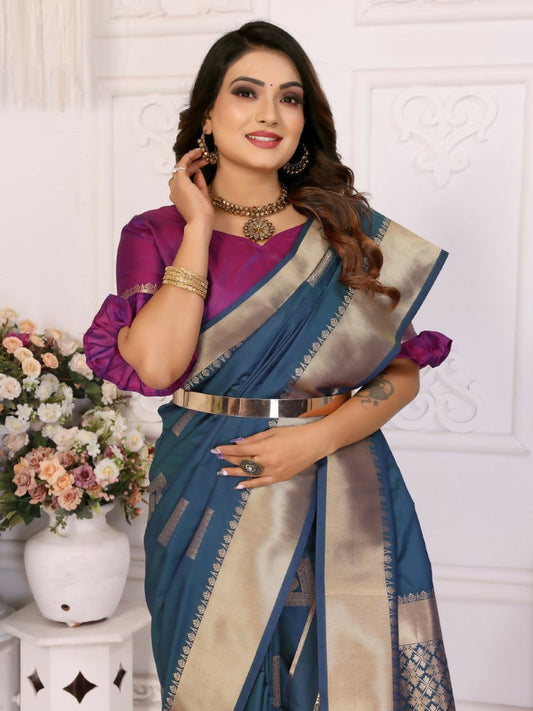 Anaita Navy Blue Soft Silk With Zari Weaving Borders Saree With Blouse