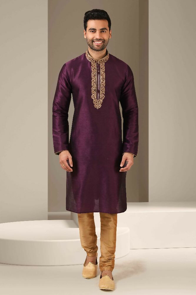 Raivat Ethnic Banarasi Art Silk Mirror Work Kurta Pajama In Mangenta Colour