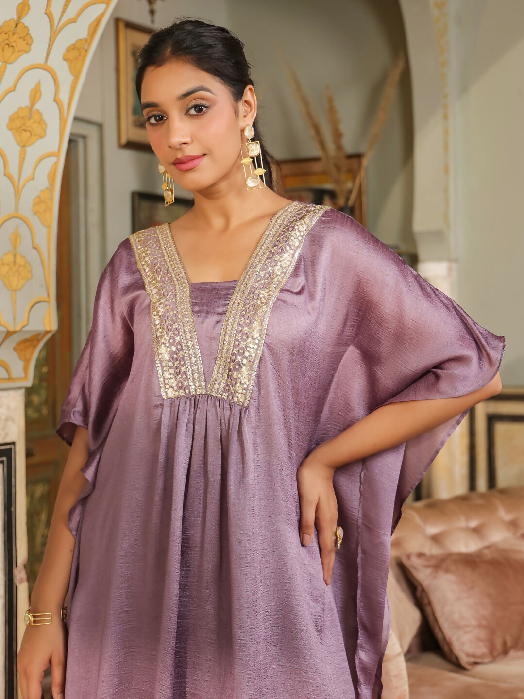 Janasya Lavender Silk Blend Yoke Embroidery Co-Ords 