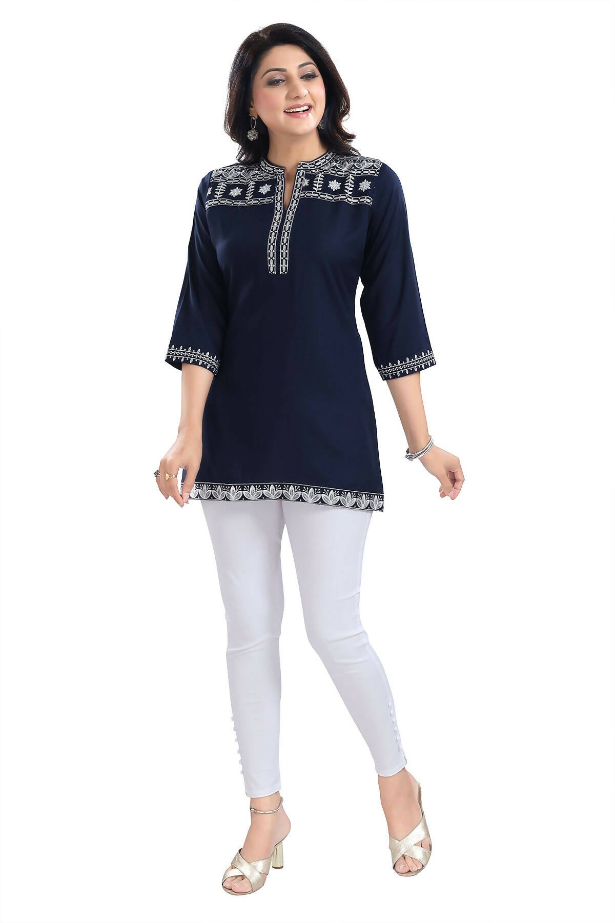 Snehal Creations Novel Navy Blue Women Embroidered Boho Chic Tunic Top