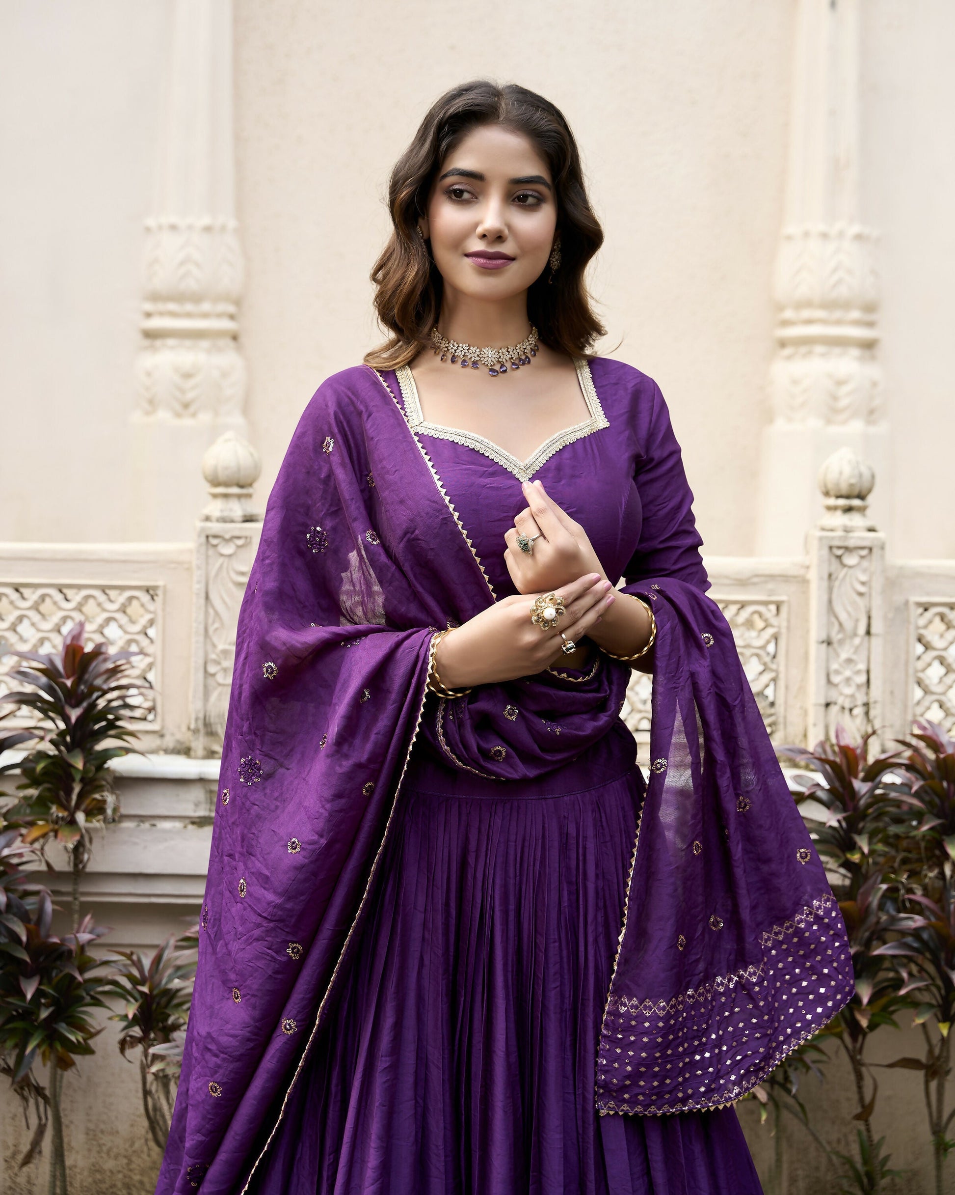 Lorenvalley Purple Pure Chanderi Plain With Zari Weaving Work Border Lehenga Choli 