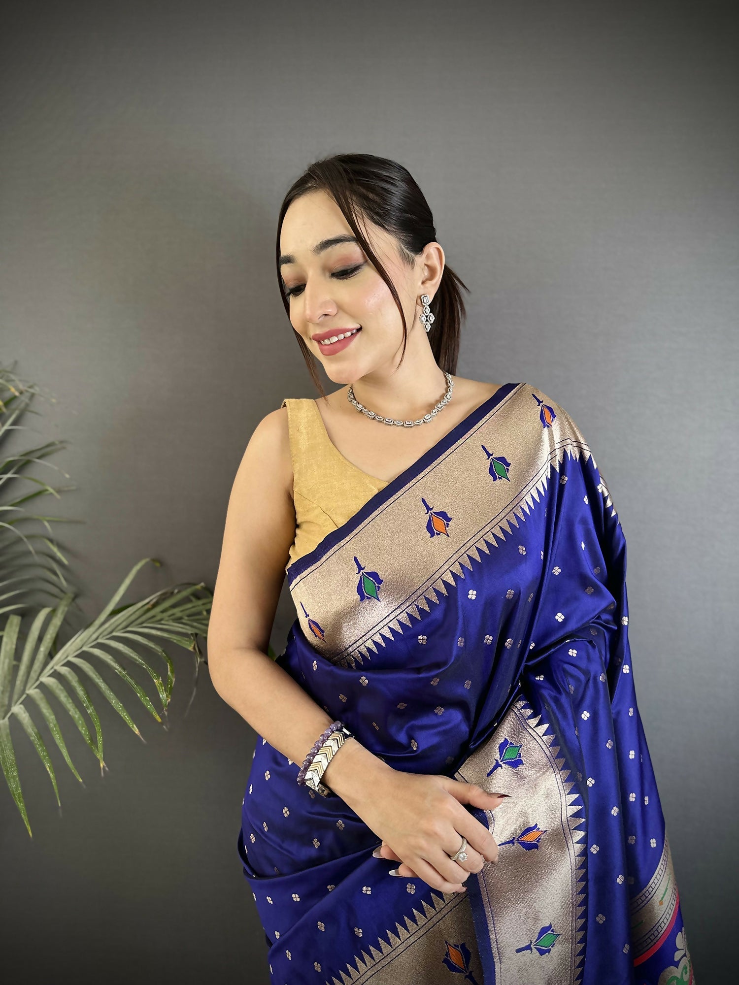 Joban Fashion Royal Blue Peacock & Floral Motifs Soft Lichi Silk Kanchipuram Saree