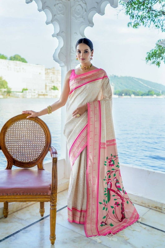 Aastha Fashion Off White Woven Kanjivaram Silk Saree with Blouse - Grab2buy