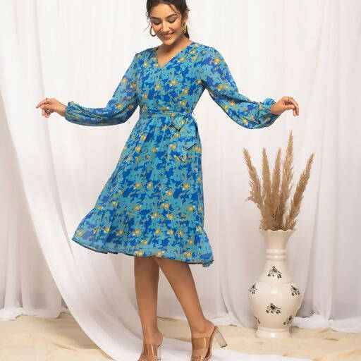 FIORRA Women's Navy Blue Georgette Floral Printed Western Dress 