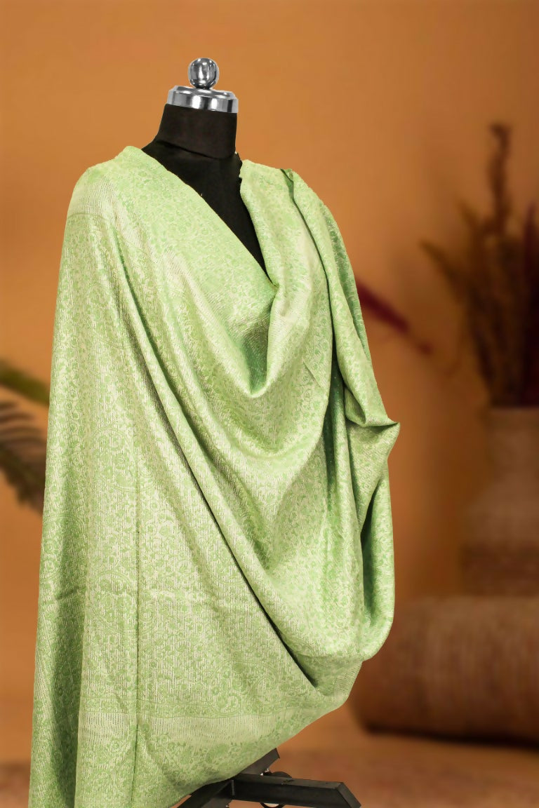 Weaving Mystery Handloom Pashmina Shawl-Kaani Zari - Pista  Grab2Buy Weaving Mystery Grab2Buy