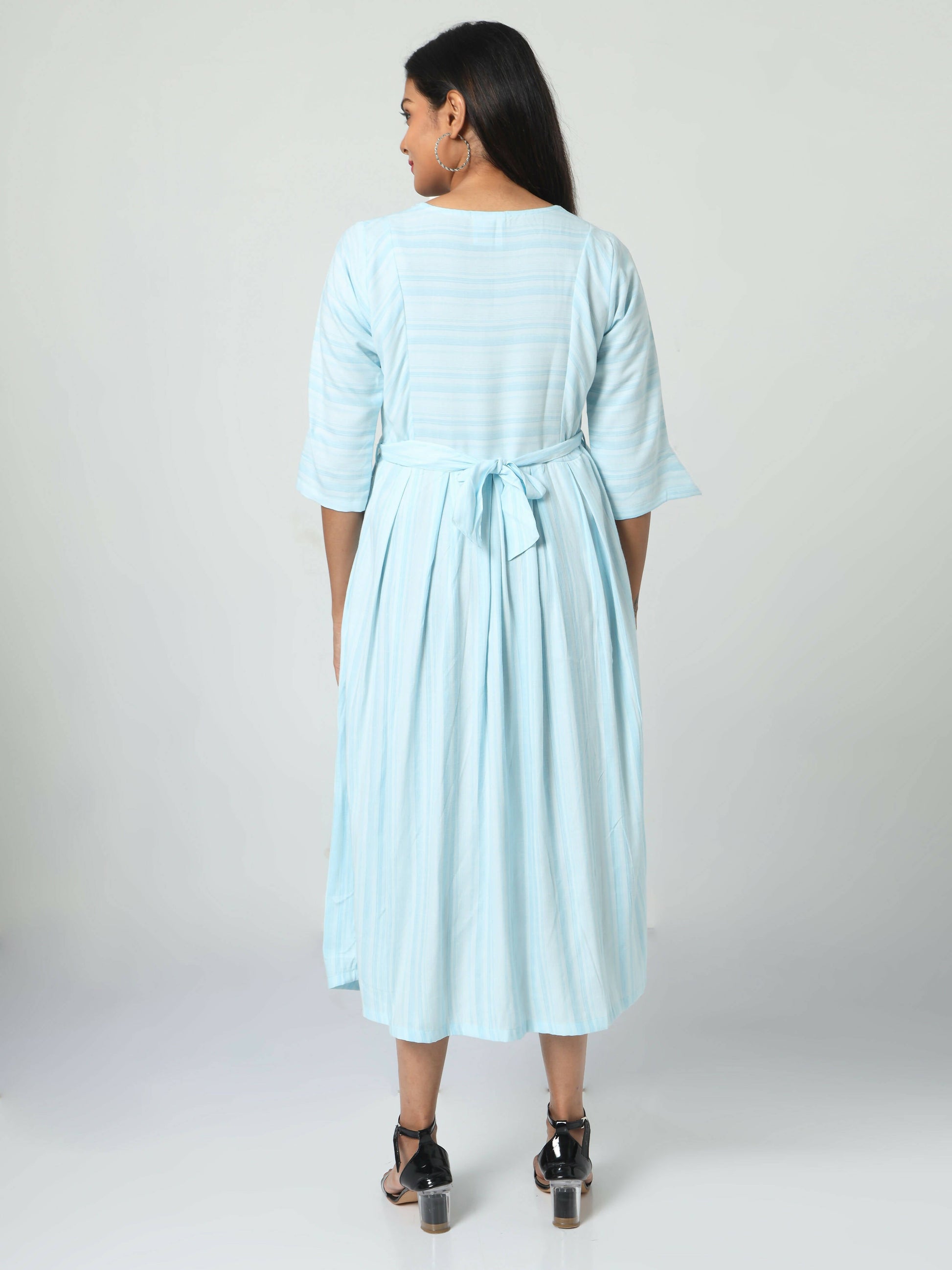 Manet Three Fourth Maternity Dress Striped With Concealed Zipper Nursing Access - Light Blue