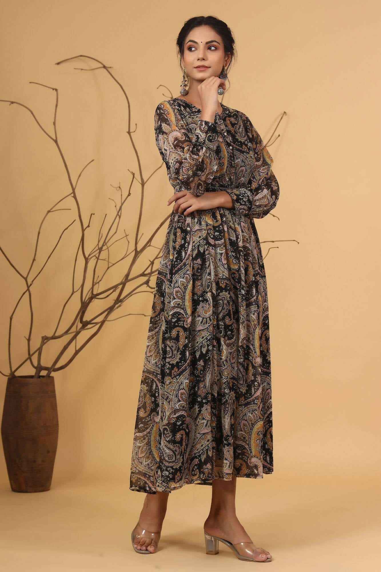 Juniper Women Black Chiffon Printed Flared Dress 